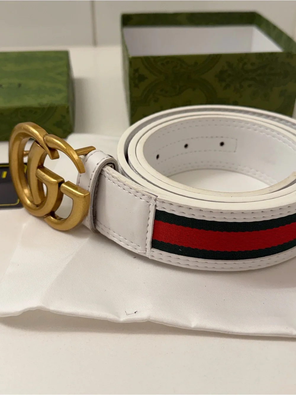 Gucci White Leather Green Red Web Interlocking GG Belt 80/32 Made in Italy